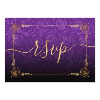 Elegant Watercolor Rose Rustic Gold Purple Wedding Rsvp Card Front View