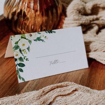 Elegant White Floral Folded Wedding Place Card Front View