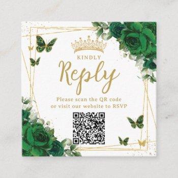 emerald green butterflies quinceanera rsvp qr code enclosure card