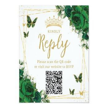 Emerald Green Butterflies Quinceanera Rsvp Qr Code Enclosure Card Front View