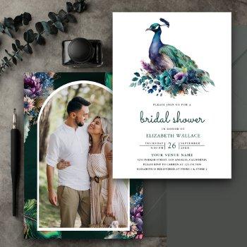 emerald green floral peacock photo bridal shower invitation