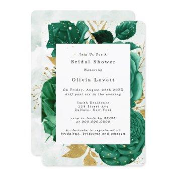 emerald green peony gold glitter bridal shower invitation