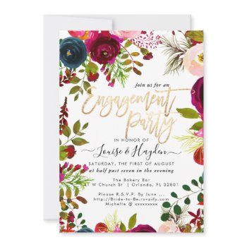 engagement party watercolor flowers, burgundy navy announcement