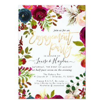 Engagement Party Watercolor Flowers, Burgundy Navy Announcement Front View