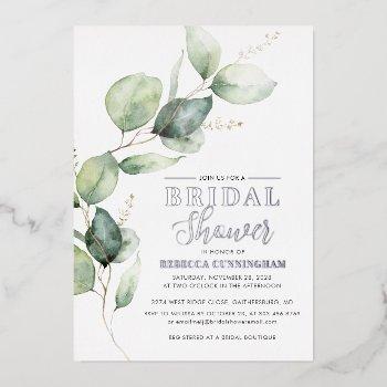 eucalyptus greenery script bridal shower silver foil invitation