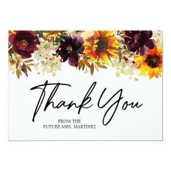 Fall Flowers Sunflower Rose Bridal Shower Thank You Card Front View