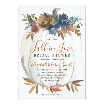 Fall In Love Blue Floral Pumpkin Bridal Shower Postcard Front View