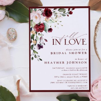 fall in love burgundy floral bridal shower invitation