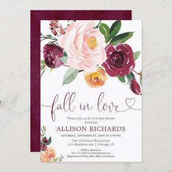 fall in love fall floral burgundy bridal shower invitation