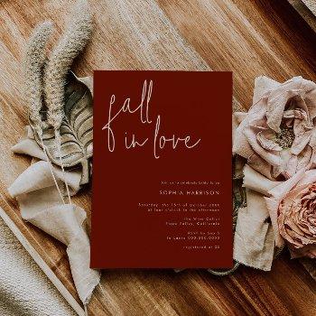 fall in love minimalist burgundy bridal shower invitation