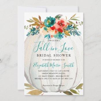 fall in love teal floral pumpkin bridal shower invitation