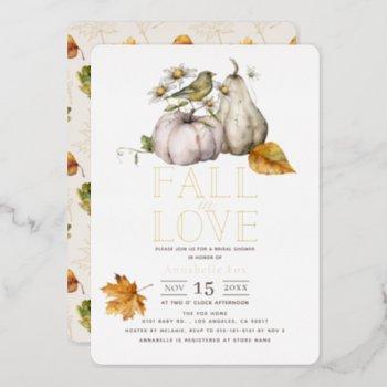 fall in love white pumpkin bird bridal shower foil invitation
