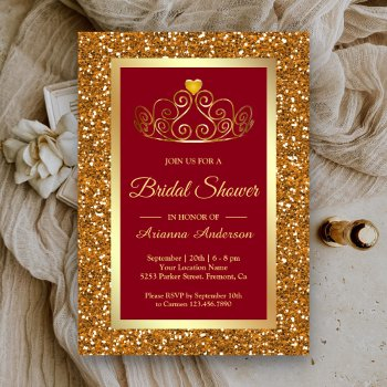 faux gold glitter tiara princess red bridal shower invitation