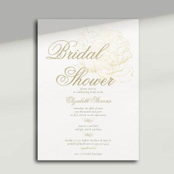 faux gold peony calligraphy elegant bridal shower invitation