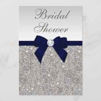 faux silver sequins navy bow bridal shower invitation