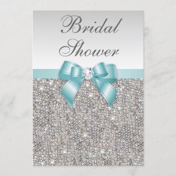 faux silver sequins teal blue bridal shower invitation