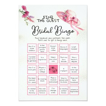 Find The Guest Bingo Derby Pink Hat Bridal Game Invitation Front View