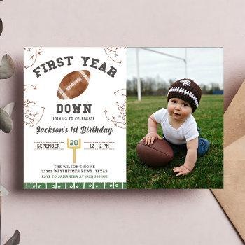 First Year Down Football 1st Birthday Party Photo Invitation Front View