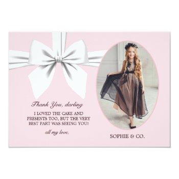 Flat Elegant Pink Tiffany White Bow Thank You Card Front View
