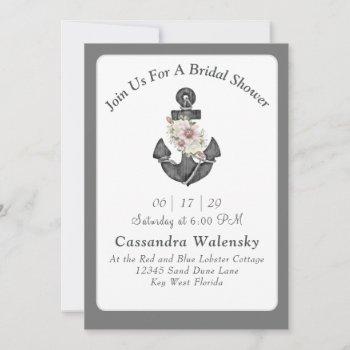 floral anchor white silver gray nautical wedding  invitation