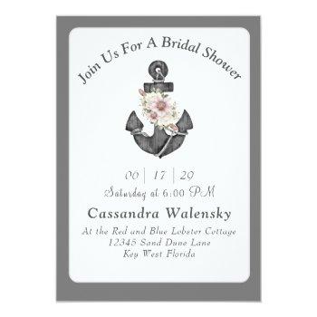 Floral Anchor White Silver Gray Nautical Wedding  Invitation Front View