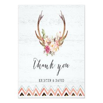 Floral Antler Rustic White Wood Boho Thank You Front View