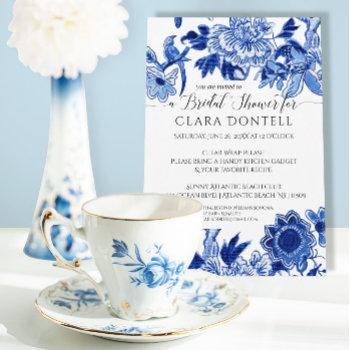 floral asian influence blue white bridal shower invitation