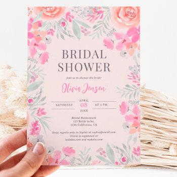 floral botanical garden pink peach bridal shower invitation