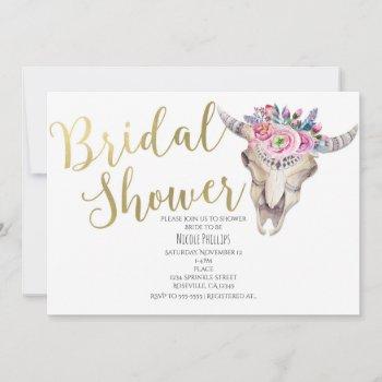 floral cow skull gold bridal shower invitation