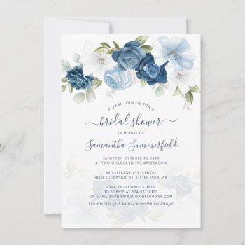 floral dusty blue script foliage bridal shower invitation