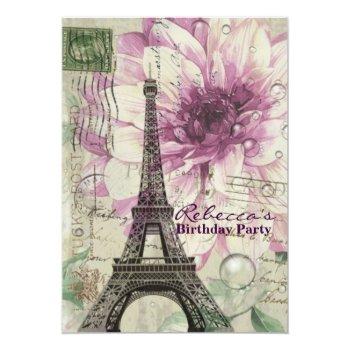 Floral French Eiffel Tower Parisian Birthday Party Invitation Front View