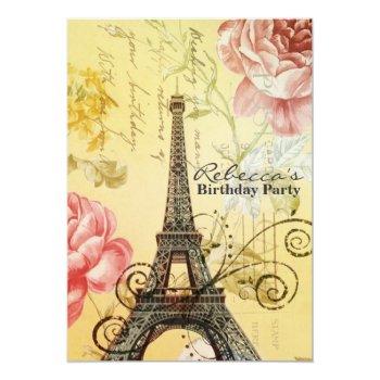 Floral French Eiffel Tower Parisian Birthday Party Invitation Front View