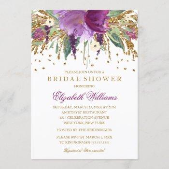 floral glitter sparkling amethyst bridal shower invitation
