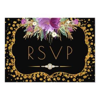 Floral Gold Glitter Confetti Black Rsvp Front View