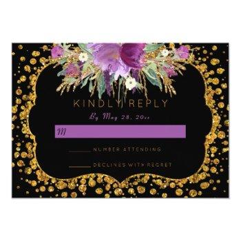 Floral Gold Glitter Confetti Black Rsvp Front View