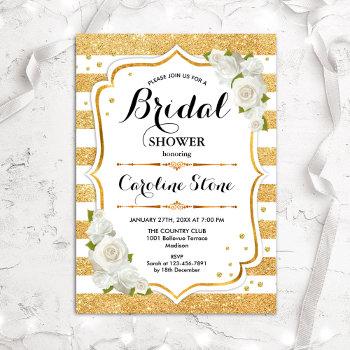 floral gold white stripes bridal shower invitation