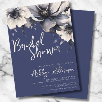 floral navy blue bridal shower invitation