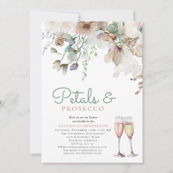 floral petals and prosecco teal bridal shower invitation