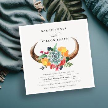 floral succulent steer horns boho allure wedding invitation