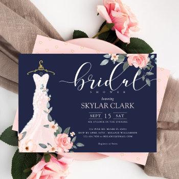 floral wedding dress navy bridal shower invitation