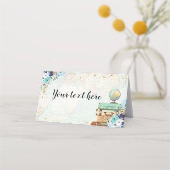 food tent travel blue floral gold adventure place card