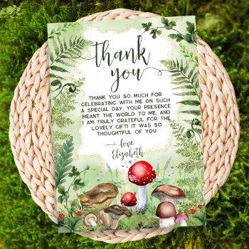 forest mushrooms ferns green rustic nature script thank you card