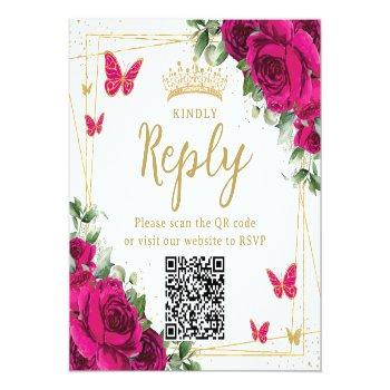 Fuchsia Floral Butterflies Quinceanera Rsvp Qr Enclosure Card Front View