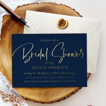 fun casual script navy blue bridal shower silver foil invitation