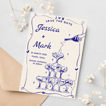 funky hand drawn champagne wedding save the date invitation