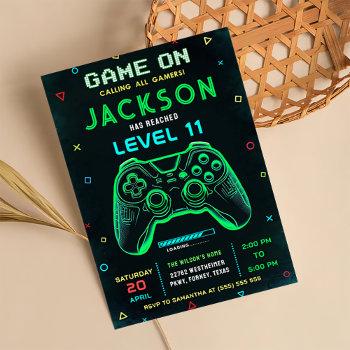 game on neon video game birthday party invitation 