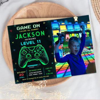 game on neon video game birthday party photo invitation