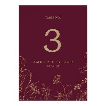 Gilded Floral Printable Burgundy Gold Table Number Front View