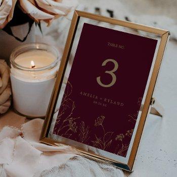 gilded floral printable burgundy gold table number