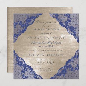 glam blue navy lace ivory velvet bridal shower invitation